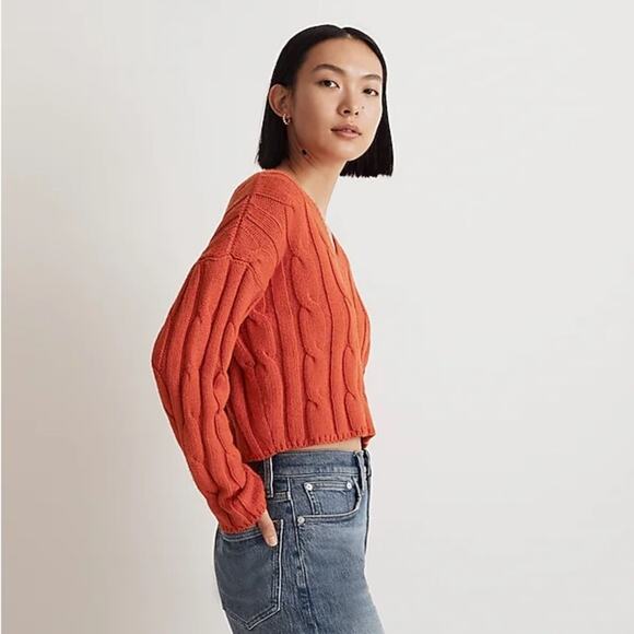 NWT Madewell Women's Cable Knit Fisherman Sweater in Roasted Squash Orange - Picture 3 of 13